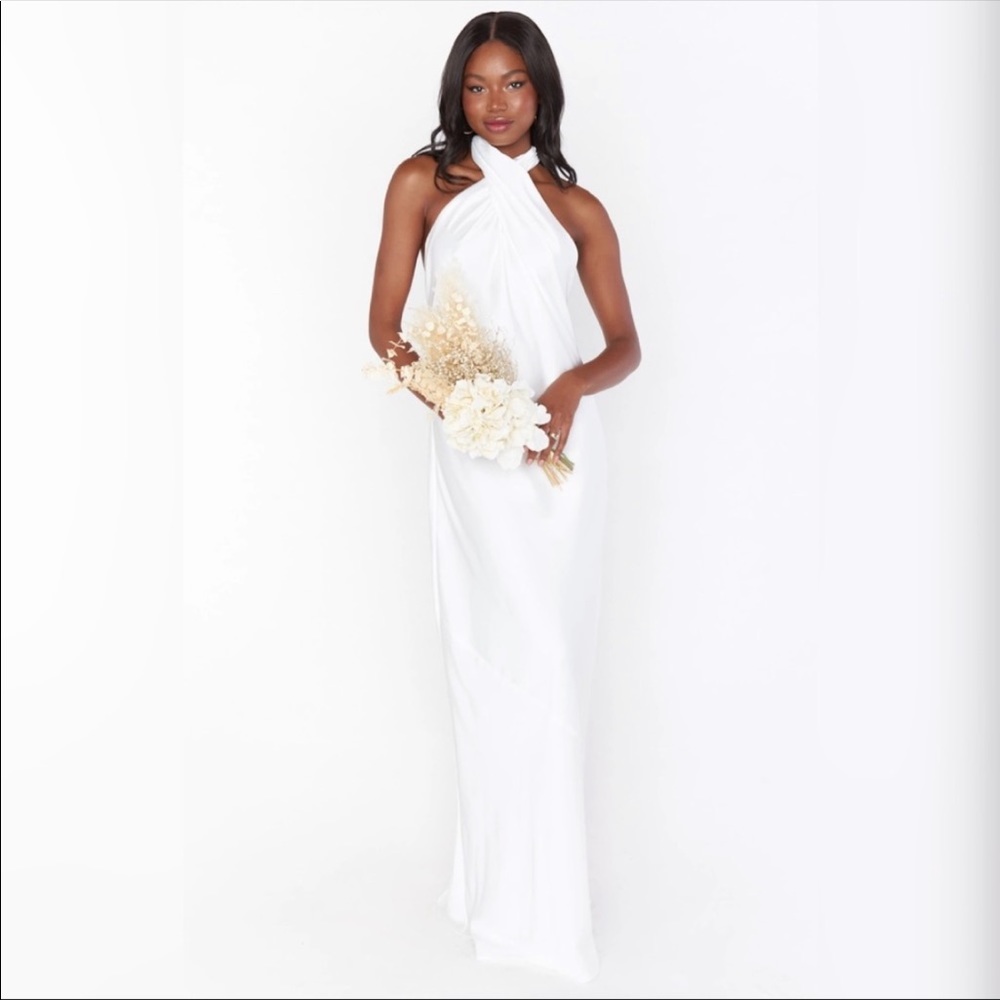 New Show Me Your Mumu Jasmine Halter Maxi Dress, Ivory Satin Wedding Dress